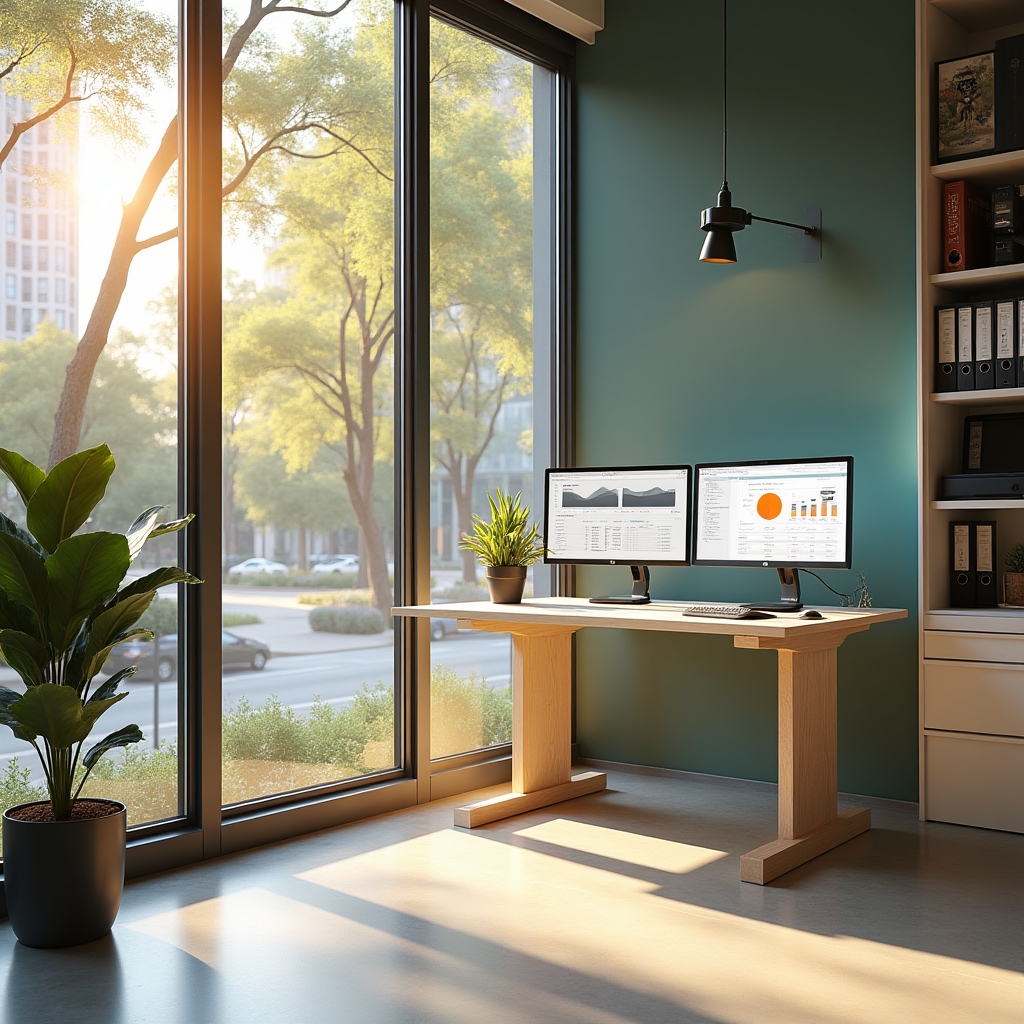 Modern Atlanta office workspace with natural light, plants, and dual-monitor SEO workstation