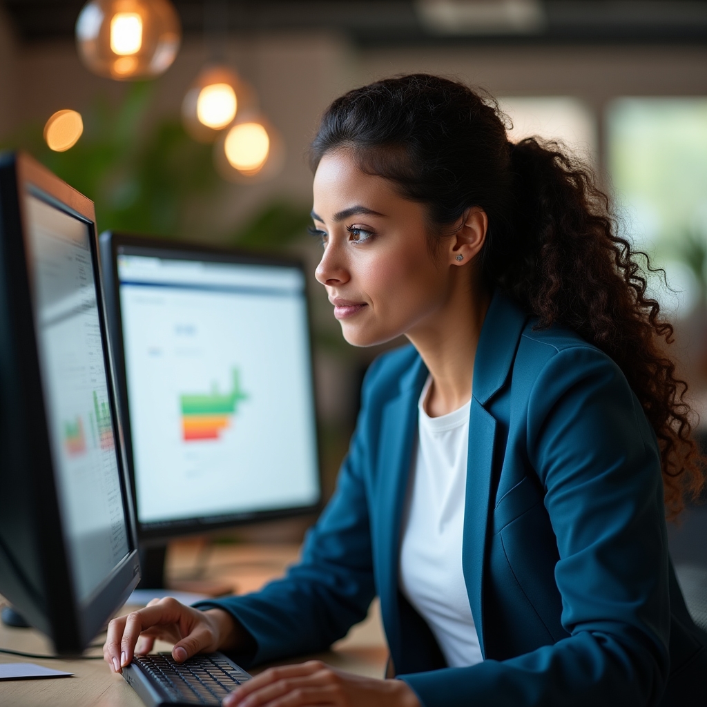 SEO specialist analyzing redirect mapping spreadsheet on dual monitors in modern office