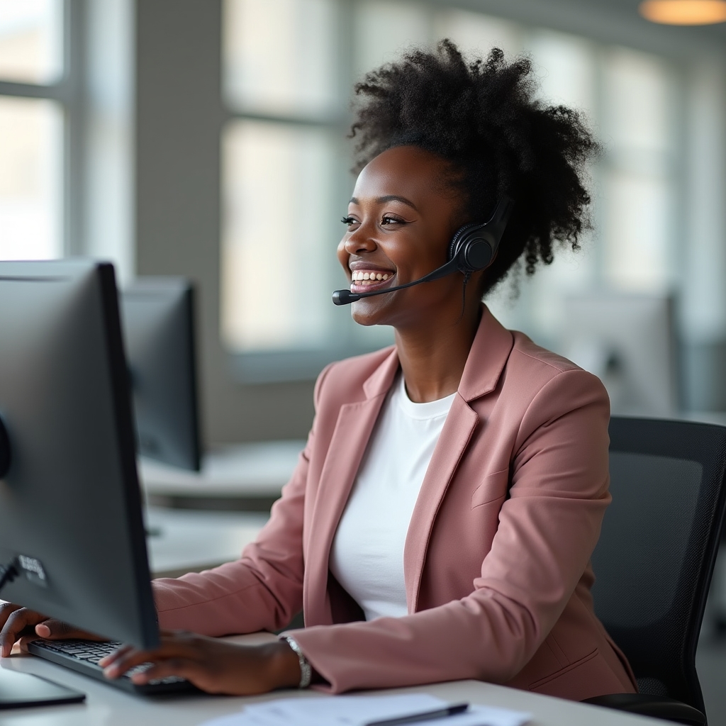 Client liaison Amara Osei, 30s, warm expression, speaking on headset at organized desk with dual monitors